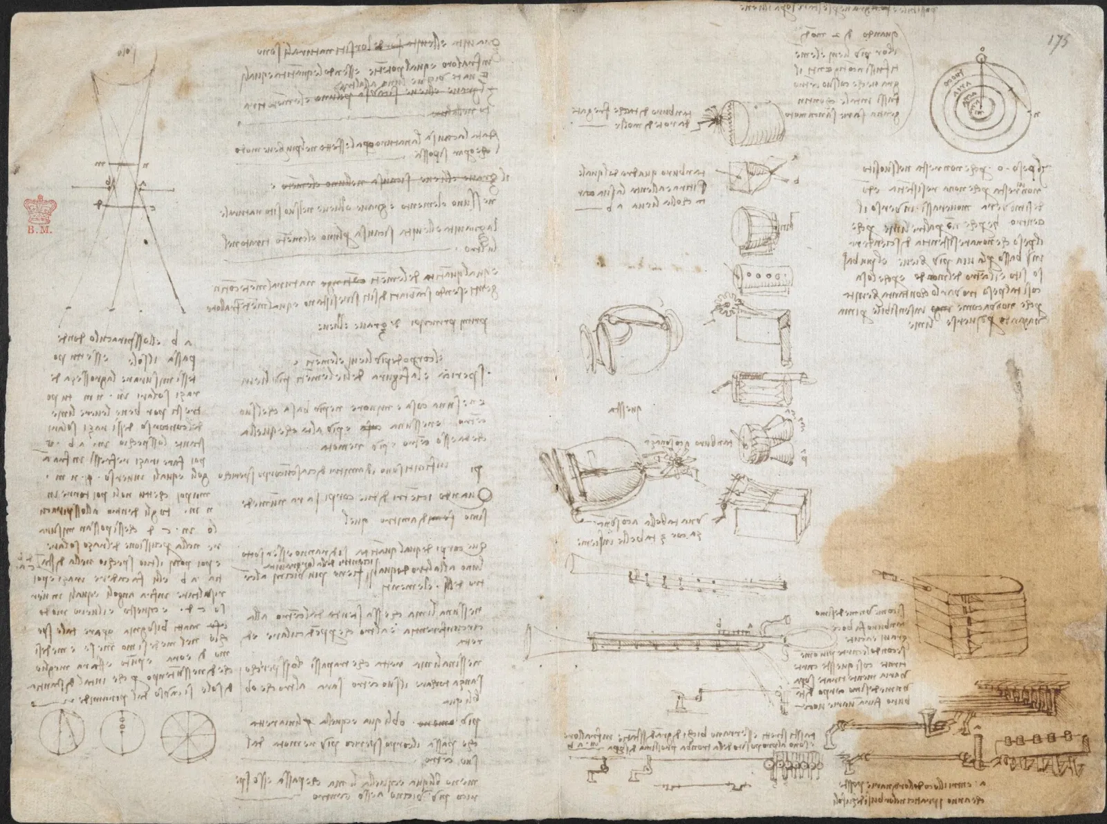 Two pages of Leonardo da Vinci’s notebook: mirror writing beside geometric diagrams and studies of machines.