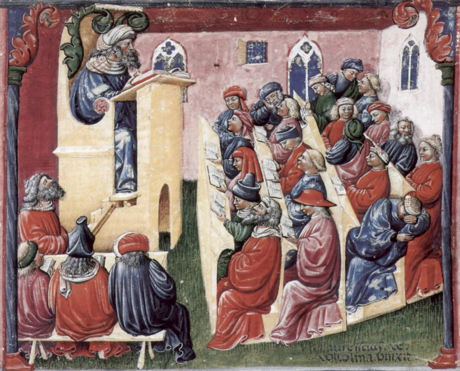 A medieval miniature: a master lectures from a raised chair to rows of students, some reading, one asleep.